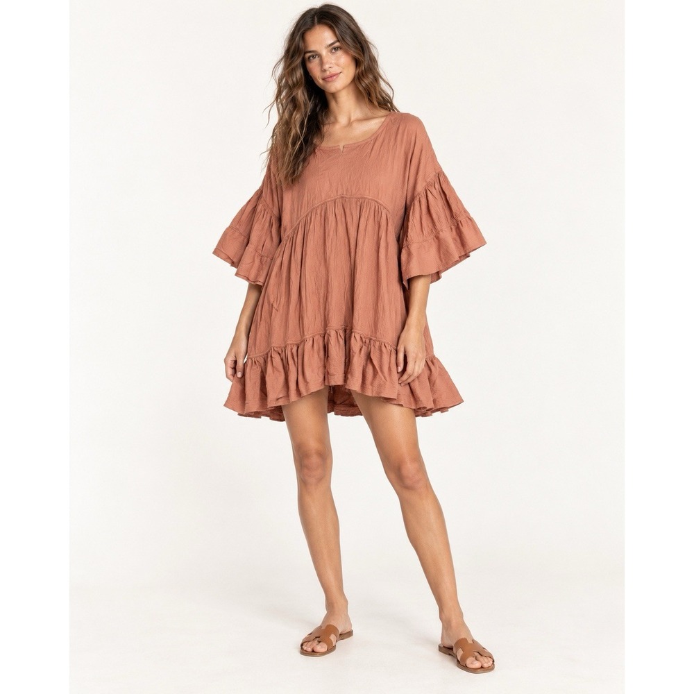 Free People Mini Dress Women Size XS Mauve Boho Bell Sleeve Ruffle Gauze Tunic